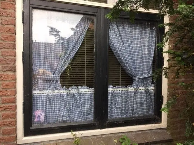 Dubbel glas ruit met gordijnen aan de voorkant van een woning