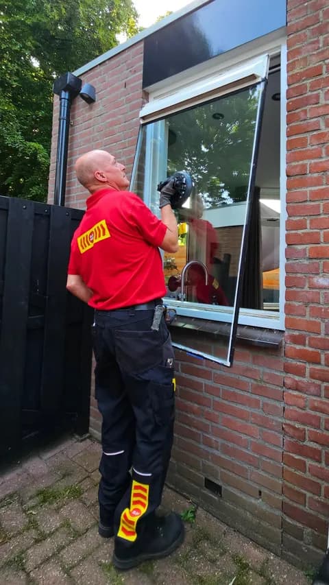 Monteur haalt oud dubbel glas weg