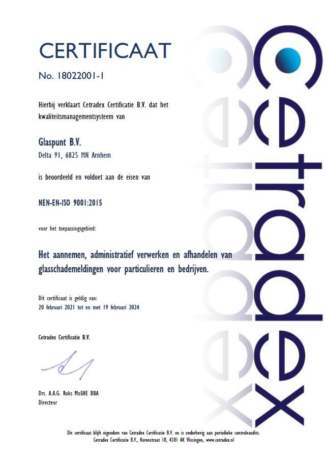 ISO 9001 certificaat Glaspunt 2021 - 2024