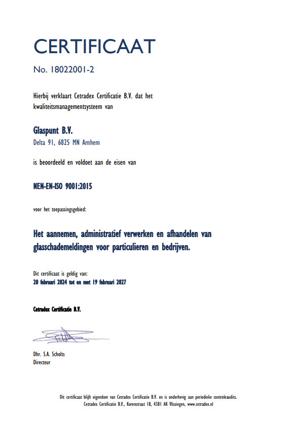 ISO 9001 certificaat Glaspunt 2024 - 2027